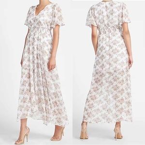 Metallic Floral Flutter Sleeve Midi Dress size XS